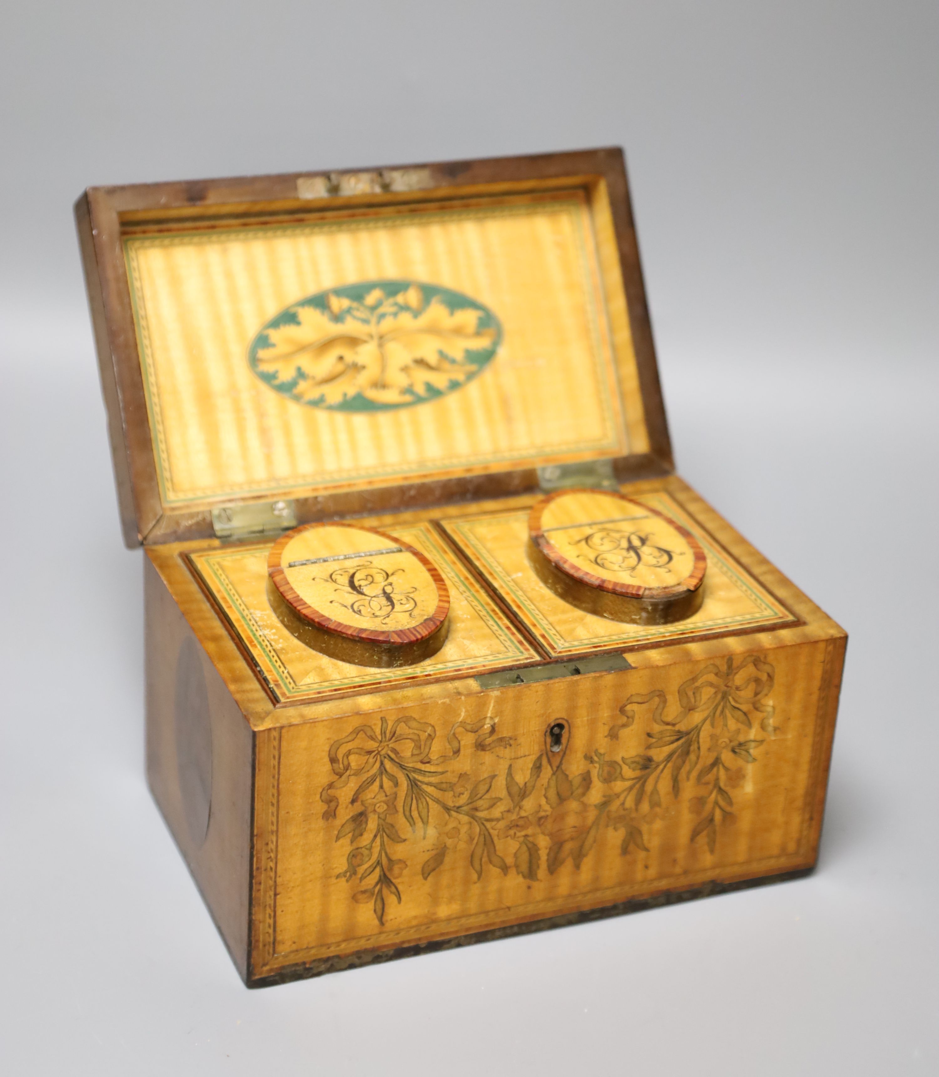 A George III harewood and marquetry tea caddy, c.1810,